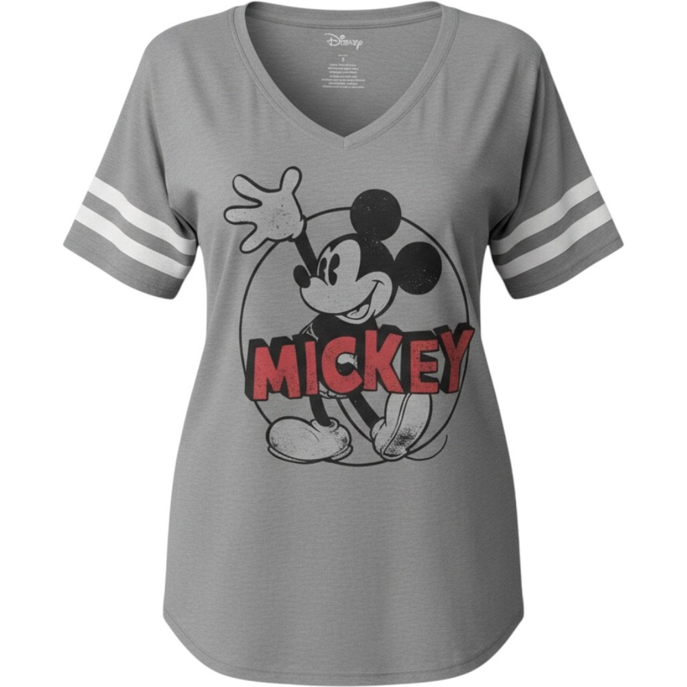 Disney Mickey Mouse Grey V-Neck Graphic T-Shirt Varsity Stripe Sleeves Size 5X